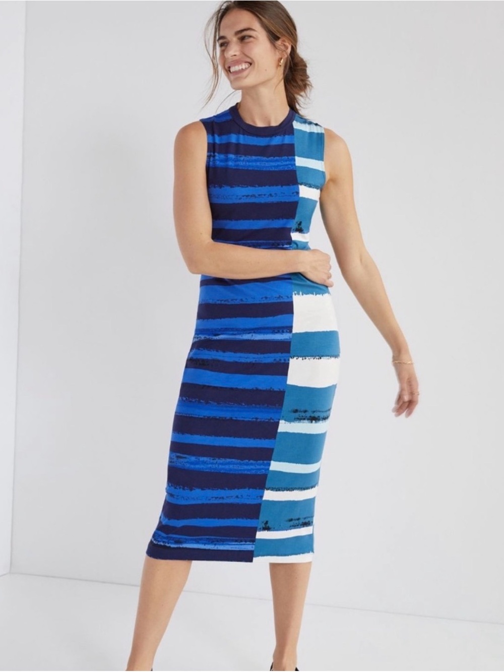 Corey Lynn Calter Blue Two-Tone Striped Sleeveless Midi Dress